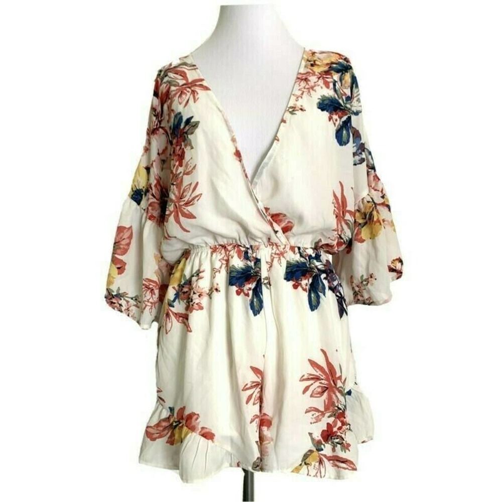 Summer White Floral Romper Playsuit Bell Sleeve V-Neck Party Wedding Beach S